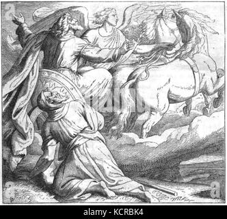 Cette image représente la scène biblique du prophète Élie emmené au ciel dans un char de feu. La scène est un moment important de l'ancien Testament, symbolisant l'intervention divine et la fin du voyage terrestre d'Élie. Banque D'Images