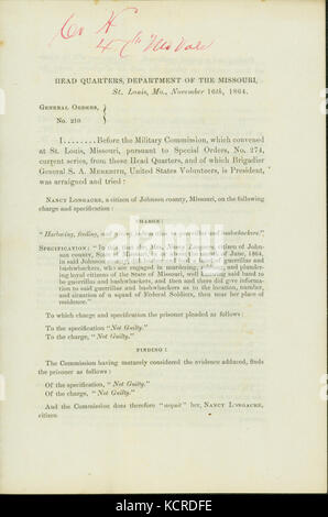 Les ordonnances générales, n° 210, de Frank Eno, adjudant général adjoint, Head Quarters, Ministère de l'Iowa, Saint Louis, Mo., Novembre 16, 1864 Banque D'Images