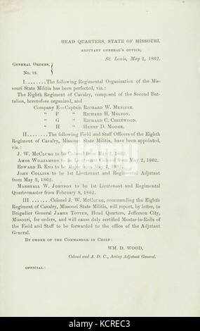 Les ordonnances générales, n° 16, de Wm. D. Wood, le Colonel et l'adjudant-général par intérim, Head Quarters, Etat du Missouri, adjudant général, Saint Louis, le 2 mai 1862 Banque D'Images