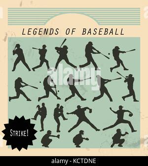 Pichet - silhouettes de joueurs de baseball sur rétro arrière Illustration de Vecteur