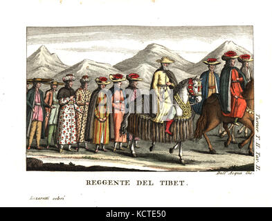 Shamarpa, régent du Tibet, frère du Panchen Lama, Lobsang Palden Yeshe. Illustration par le Lieutenant Samuel Davis de Captain Samuel Turner's compte d'une ambassade à la Cour de l'Teshoo lama au Tibet, 1800. La gravure sur cuivre par Dell'Acqua coloriée par Lazaretti de Giovanni Battista Sonzogno's collection des plus intéressants Voyages (Raccolta de Viaggi Uep Interessanti), Milan, 1815-1817. Banque D'Images