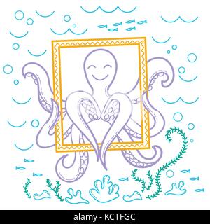 Illustration d'une pieuvre dans la mer qui rend, est titulaire d'un frame selfies et montre le cœur. icône dans le style linéaire Illustration de Vecteur