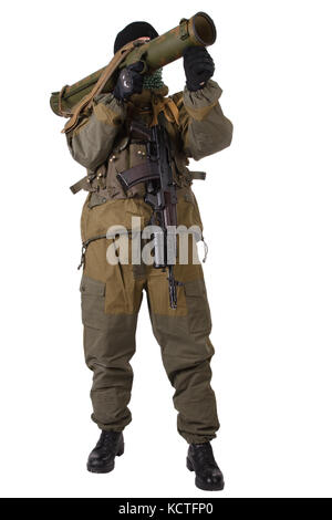 Fighter avec rpg rocket launcher isolated on white Banque D'Images