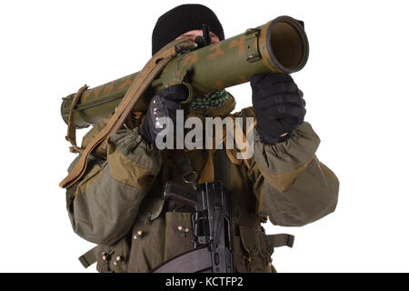 Fighter avec rpg rocket launcher isolated on white Banque D'Images