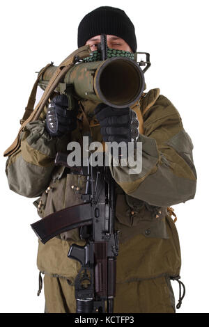 Fighter avec rpg rocket launcher isolated on white Banque D'Images