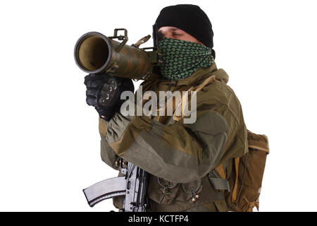 Fighter avec rpg rocket launcher isolated on white Banque D'Images