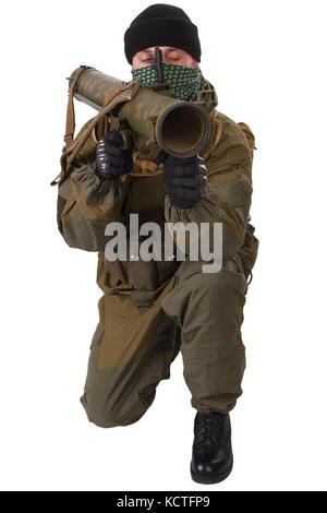 Fighter avec rpg rocket launcher isolated on white Banque D'Images