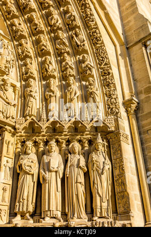 Pierre complexes sur la façade de Notre Dame de Paris, France Banque D'Images