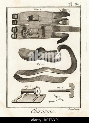 18e siècle knee pad 1, 2 patins, treuil 3 et 4 clés. La gravure sur cuivre par Robert Benard de Denis Diderot's Encyclopedia, Pellet, Genève, 1779. Banque D'Images