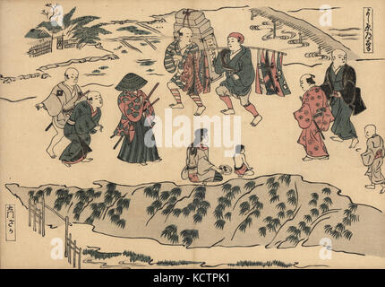 Scène de rue montrant samouraï et commerçants sur la route pour le plaisir quarts à Daimon-zaka. Yoshiwara dote. Gravure sur bois par Okumura Masanobu (1686-1764), Photo de Fuzoku Emakimono Faire défiler du commerce de l'eau, Tokyo, réimpression vers 1880. Banque D'Images