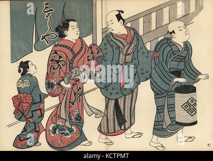 Client et courtisane avec maid (kamuro) mené par un serviteur tenant une lanterne dans les quartiers de plaisir. Gravure sur bois par Okumura Masanobu (1686-1764), Photo de Fuzoku Emakimono Faire défiler du commerce de l'eau, Tokyo, réimpression vers 1880. Banque D'Images