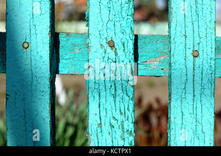 Fragment d'une clôture rurale en bois fabriqués à partir de bandes d'âge peint en vert sur l'arrière-plan de vert et rouge des plantes de jardin en effet bokeh Banque D'Images