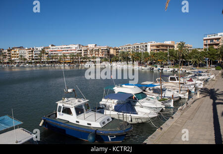 Bateaux amarrés au port, les bâtiments et les palmiers en arrière-plan, Puerto de Alcudia, Alcudia, Majorque, Iles Baléares, Espagne. Banque D'Images