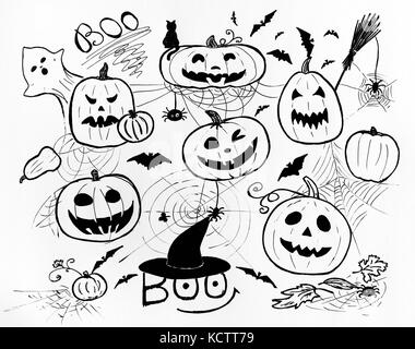 Concept Halloween. Marqueurs dessin à la main. Noir et blanc. Banque D'Images