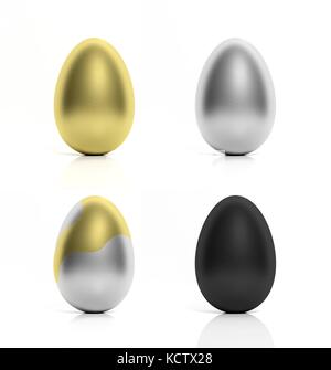 Quatre œufs peints en or, argent et noir isolé Banque D'Images