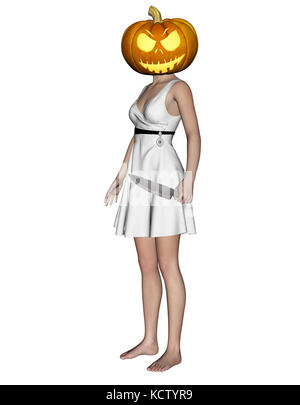 3d illustration de tête de citrouille halloween femme avec un couteau dans la main Banque D'Images