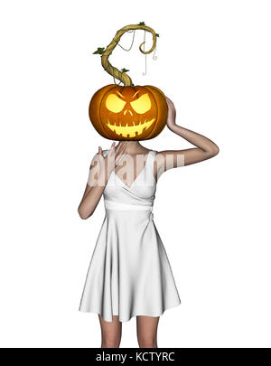 3d illustration de tête de citrouille halloween femme avec un couteau dans la main Banque D'Images