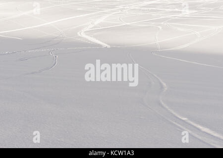 La photo est prise lors d'une randonnée en haut de Kjølen (montagne). Vue rapprochée de plusieurs pistes de ski dans la neige. Kvaløya, Tromsø, Norvège. Banque D'Images