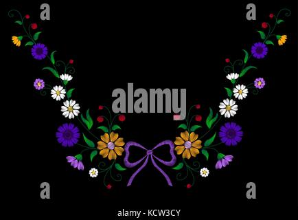 Collier fleur broderie décoration ornement traditionnel rustique terrain barbeaux fraises marigold daisy design papillon illustration vecteur v Illustration de Vecteur