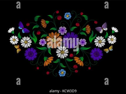 Collier fleur broderie décoration ornement traditionnel rustique terrain barbeaux fraises marigold daisy design papillon illustration vecteur v Illustration de Vecteur