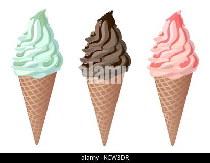Ensemble de la crème glacée molle en cônes alvéolés avec sirop de chocolat menthe pistache sauces. coulé strawberry. vector illustration Illustration de Vecteur