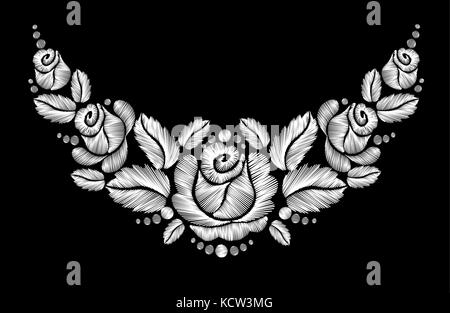 Des roses blanches sur fond noir. Broderie fleurs ethnique ligne cou flower design fashion graphiques portant Illustration de Vecteur