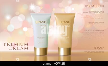 Rose délicat cosmetic ad. beige crème visage tube blanc masque de flou artistique flou maquette paquet réflexion arrière-plan modèle brillant Illustration de Vecteur