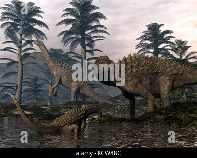 Ampelosaurus famille dinosaures marcher parmi les arbres cordaites - 3D render Banque D'Images