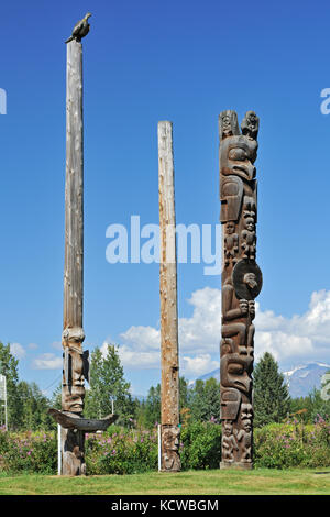 Kisiox Totem Poteaux. Village Gitxsan. Premières nations de la côte du Nord-Ouest. Vallée de Kispiox. , Kispiox, Colombie-Britannique, Canada Banque D'Images