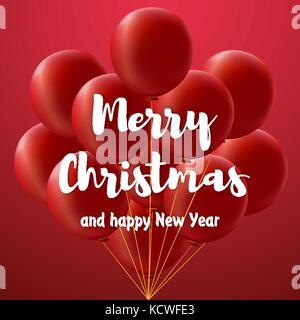 Joyeux noël la grande carte inscription blanche joyeux noël et bonne année sur fond dégradé rouge avec l'ensemble de big red balloons Illustration de Vecteur