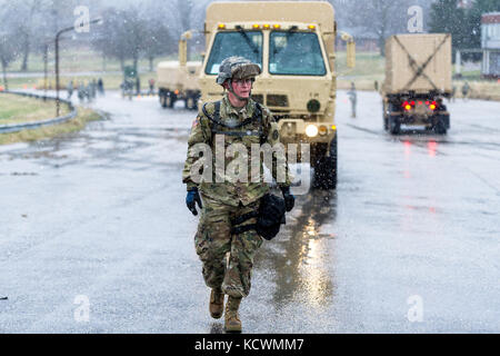 Des soldats américains affectés à la 231e compagnie de produits chimiques, Maryland Army National Guard, une installation de triage et de décontamination lors d'un point de l'armée américaine au nord la formation conjointe de l'exercice dans le centre de rose, Owings Mills, Maryland, le 10 mars 2017. (Photo de la garde nationale américaine par tech. sgt. Jorge intriago) ​ Banque D'Images