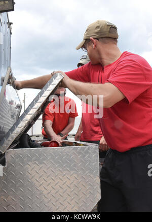 La garde nationale de Caroline du sud à partir de la 43e équipe de soutien civil inspecter leur équipement avant et après au cours des exercices de garde vigilante 17 at Fort Gordon, la Géorgie, le 27 mars. vigilants guard 17 est un exercice de formation régional commun offrant la garde nationale de Caroline du Sud l'occasion d'améliorer la coopération et les relations avec les collectivités locales, d'état civil et militaire régional, les partenaires fédéraux en préparation pour les urgences et les catastrophes. (U.s. Army National Guard photo par le sgt. tashera pravato/108e tampon) Banque D'Images