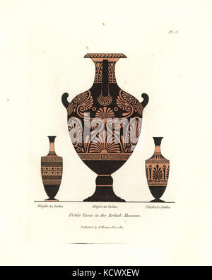 Fictile vases de la British museum. vases en argile rouge noir avec motifs décoratifs. coloriée à la gravure sur cuivre par Henry Moïse à partir d'une collection de vases antiques, autels, etc., Londres, 1814. Banque D'Images