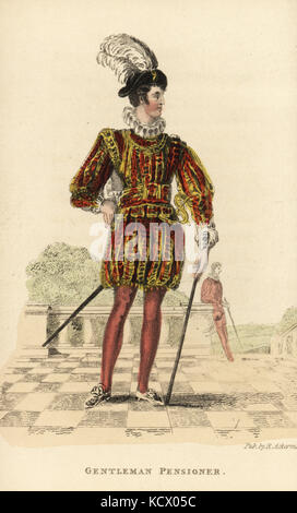 Monsieur pensionné, un corps de 40 gardes royaux à la cour. dans un uniforme de doublet, Ruff et le flexible adoptée par le roi George IV basé sur un design de le règne du roi James i. coloriée à la gravure sur cuivre de William Henry pyne est le monde en miniature : l'Angleterre, l'Écosse et l'Irlande, Ackermann, 1827. Banque D'Images