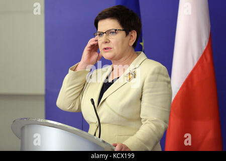 Sofia, Bulgarie - 28 septembre 2017 : premier ministre de la pologne beata szydlo participe à une conférence de presse après la rencontre avec son homologue bulgare. Banque D'Images