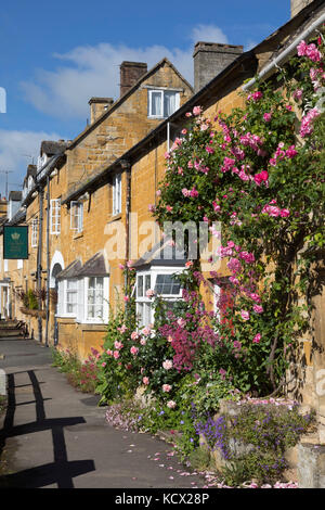 Façade couverte de Rose cottages en pierre de Cotswold le long de High Street, Blockley, Cotswolds, Gloucestershire, Angleterre, Royaume-Uni, Europe Banque D'Images