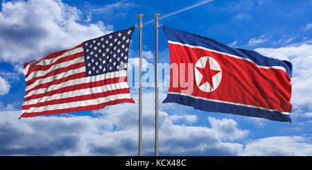 Drapeaux de la Corée du Nord et des États-Unis d'Amérique agitant sur fond de ciel bleu. illustration 3d. Banque D'Images