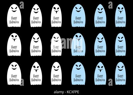 Simple caricature ghost avec sourire et inscription happy Halloween, jeu de vector blanc et bleu Halloween Fantômes, éléments de décoration de vacances Illustration de Vecteur
