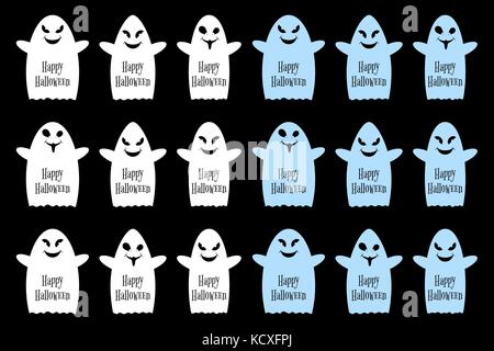 Drôle simple ghost avec sourire, les élèves des yeux, les mains et l'inscription happy Halloween. jeu de vector blanc et bleu halloween fantômes Illustration de Vecteur