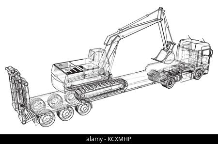 Lit bas et remorque camion excavateur.. fil de fer format eps10. vecteur créé de 3d Illustration de Vecteur