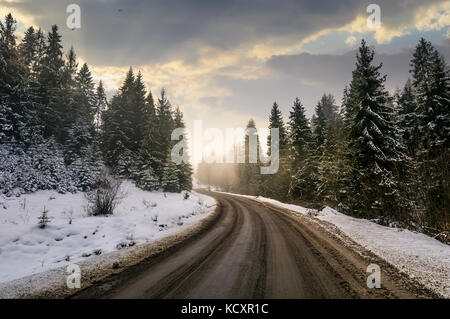 Route sinueuse à travers la forêt d'épinettes d'hiver. belle nature paysages de brumeux et nuageux matin. belle arrière-plan de transport. Banque D'Images