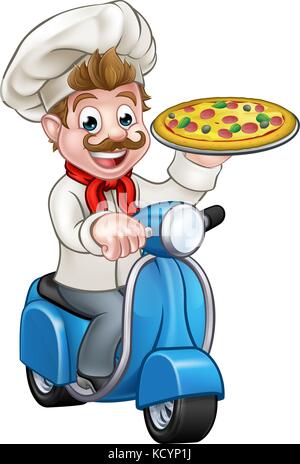 Caricature Pizza Chef sur livraison Scooter à mobylette Illustration de Vecteur