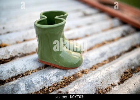 Bottes Wellington en céramique fleur mini semoir sur des étagères en carton ondulé d'argent dans une maison verte ou rempotage Banque D'Images