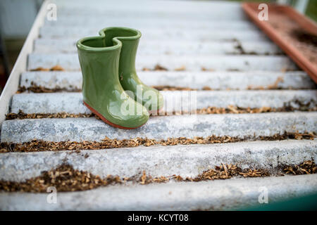 Bottes Wellington en céramique fleur mini semoir sur des étagères en carton ondulé d'argent dans une maison verte ou rempotage Banque D'Images