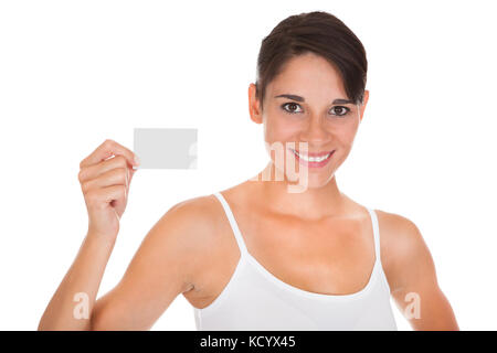 Carte de visite montrant happy woman over white background Banque D'Images