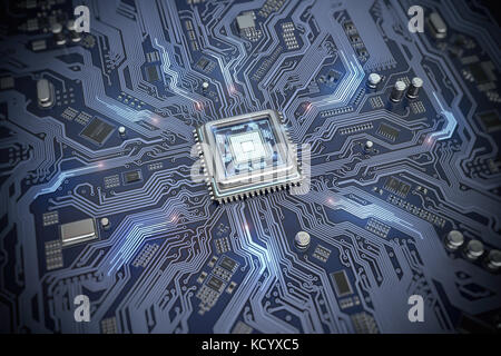 Carte à circuits imprimés du système carte mère. cpu avec puce processeur rougeoyante de l'ordinateur. La technologie et concept de l'internet. 3d illustration Banque D'Images