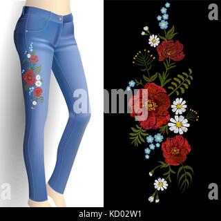 Broderie sur fleur bleu jeans femme maquette 3d. mode outfit détail rose fleur de pavot imprimer patch art illustration vectorielle Illustration de Vecteur