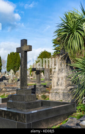 Cimetière victorien torquay - une pierre avec une croix en granit, pierre tombale et de palmiers en premier plan avec d'autres tombes de distance. Le ciel bleu et le soleil Banque D'Images