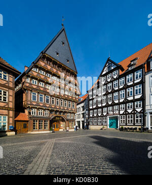 Buchers' Guild Hall, place du marché avec maisons à colombages, Hildesheim, Basse-Saxe, Allemagne Banque D'Images