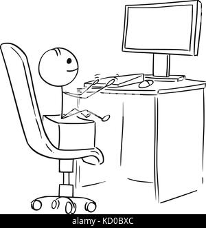 Cartoon stick man illustration du garçon assis sur la chaise de bureau et la saisie de travail jouant sur ordinateur de bureau. Illustration de Vecteur